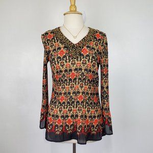 Fashion Bug Beaded V-Neck Long Sleeve Pullover Pleated Semi-Sheer Blouse Size M